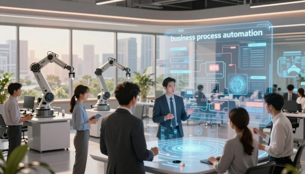 A futuristic office environment illustrating "business process automation" in 2026. In the foreground, a diverse group of professionals in business attire collaborate around a sleek holographic interface displaying dynamic flowcharts and analytics. In the middle ground, robotic arms efficiently handling tasks, symbolizing AI integration. The background features large windows with a panoramic city view, filled with advanced technology and green spaces. Soft, ambient lighting enhances a productive atmosphere, with a warm color palette invoking optimism about the future of work. The overall mood conveys innovation and efficiency, capturing the essence of automating 80% of business processes through AI, while maintaining a clean and professional look.