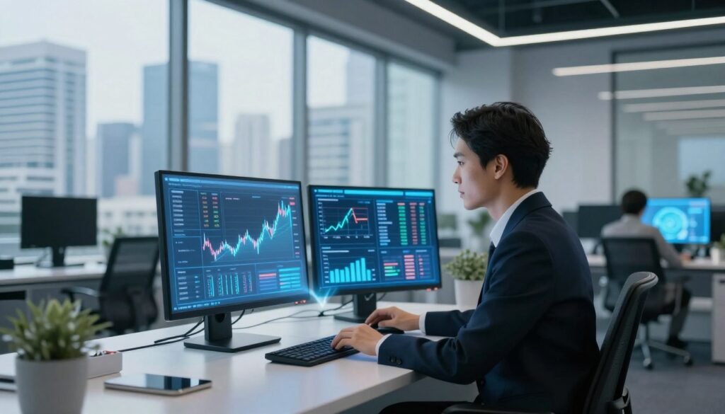 A futuristic office environment showcases a sleek, modern workspace where a robo-advisor interacts with digital interfaces displaying complex portfolio data. In the foreground, a professional businessperson, dressed in smart attire, attentively examines a holographic screen that displays investment metrics and trends. The middle ground features additional screens and graphs glowing softly, illustrating real-time analytics. The background reveals a panoramic city view through large windows, suggesting a bustling financial district. The lighting is bright and focused, creating a high-tech and optimistic atmosphere, while a subtle blue hue envelops the scene, emphasizing the integration of artificial intelligence in personal finance management. The composition is well-balanced with a slightly angled perspective to create depth.