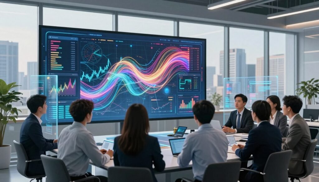 A futuristic office environment showcasing advanced predictive finance analytics. In the foreground, a diverse group of professionals in business attire is engaged in a deep discussion, surrounded by transparent digital screens displaying predictive models, statistical graphs, and artificial intelligence algorithms. In the middle ground, a large screen visualizes complex data flowing in vibrant colors, merging finance and technology concepts. The background features a panoramic city view through large windows, illuminated by soft natural light, giving a sense of innovation and dynamism. The overall mood is one of collaboration and cutting-edge technology, emphasizing the intersection of artificial intelligence and financial forecasting. A futuristic office environment showcasing advanced predictive finance analytics. In the foreground, a diverse group of professionals in business attire is engaged in a deep discussion, surrounded by transparent digital screens displaying predictive models, statistical graphs, and artificial intelligence algorithms. In the middle ground, a large screen visualizes complex data flowing in vibrant colors, merging finance and technology concepts. The background features a panoramic city view through large windows, illuminated by soft natural light, giving a sense of innovation and dynamism. The overall mood is one of collaboration and cutting-edge technology, emphasizing the intersection of artificial intelligence and financial forecasting.