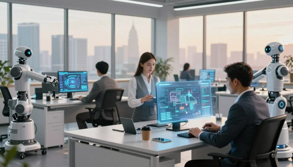 A futuristic office environment showcasing automation in business processes, with an emphasis on advanced technology. In the foreground, a diverse group of three professionals in modern business attire engage with holographic interfaces displaying workflow diagrams and data analytics. The middle ground features sleek workstations equipped with AI-driven tools and robots assisting in tasks. In the background, large windows reveal a cityscape bathed in soft, natural light, creating a sense of openness and innovation. The scene is illuminated with a warm, inviting glow, enhancing the mood of productivity and efficiency. Capture the essence of collaboration and technological advancement in a clean, organized space, emphasizing the transition to automated business workflows.