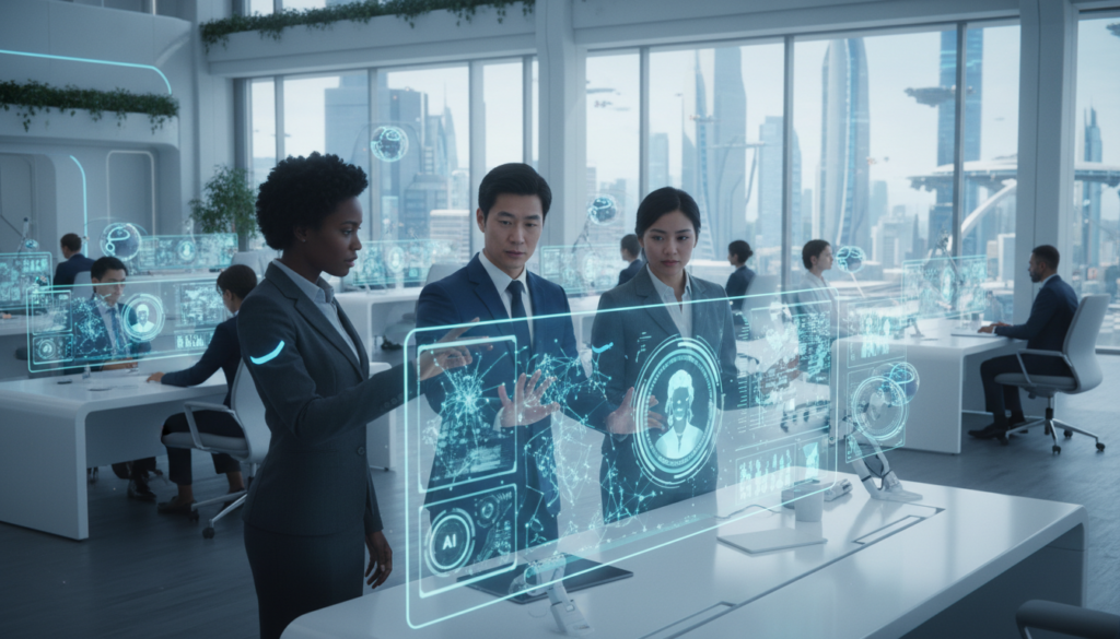 A futuristic office environment showcasing intelligent agents at work. In the foreground, a diverse group of three professionals in smart business attire collaborate with holographic displays of AI interfaces and data visualizations. In the middle, sleek, modern desks equipped with advanced technology and digital screens illuminate their focus. The background features large windows allowing natural light to flood in, revealing a city skyline. The scene is filled with a sense of innovation and productivity, underscored by soft blue and white lighting that creates a calming yet high-tech atmosphere. The angle captures the interaction between the agents and the technology they utilize, highlighting the seamless integration of AI in everyday business tasks.