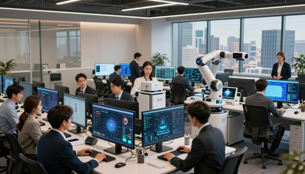 A futuristic office environment showcasing intelligent automation in action. In the foreground, a diverse group of professionals in business attire collaboratively analyzes data on sleek digital screens, representing AI agents working efficiently. In the middle, an open workspace with advanced robotics and AI-driven devices, like automated assistants assembling products and software interfaces displaying analytics. In the background, large windows reveal a city skyline, symbolizing progress and innovation. Warm, inviting lighting illuminates the scene, adding a sense of optimism. The atmosphere should feel dynamic and forward-thinking, capturing the essence of how AI can enhance business automation.