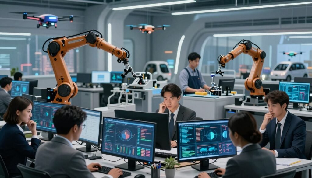 A futuristic office environment showcasing the impact of AI and automation on various economic sectors. In the foreground, a diverse group of professionals in business attire examines data on digital screens, reflecting concern over job displacement. The middle ground features robotic arms and advanced machinery interacting with traditional jobs, such as a retail worker and a manufacturing employee, symbolizing the merging of human labor and technology. The background consists of a cityscape with automated vehicles and drones, bathed in soft ambient light, creating a blend of hope and anxiety about the future. The atmosphere is tense yet vibrant, encapsulating the pivotal moment between tradition and innovation, focusing on the potential risks of robotization in the workforce.