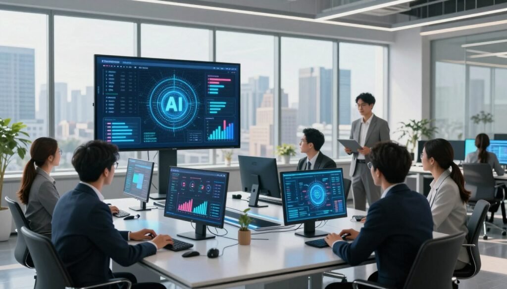 A futuristic office environment showcasing the integration of artificial intelligence in lead generation. In the foreground, a diverse group of professionals in business attire collaborates around a sleek, high-tech table filled with digital displays and holographic data visualizations of marketing metrics and ROI graphs. In the middle ground, a large screen shows AI algorithms in action analyzing data trends. The background features large windows overlooking a vibrant city skyline, bathed in soft, natural light that creates a bright and optimistic mood. The overall atmosphere is one of innovation and collaboration, emphasizing the transformative impact of AI on marketing ROI. Use a wide-angle lens to capture the depth of the office space and create a sense of dynamism and forward-thinking. A futuristic office environment showcasing the integration of artificial intelligence in lead generation. In the foreground, a diverse group of professionals in business attire collaborates around a sleek, high-tech table filled with digital displays and holographic data visualizations of marketing metrics and ROI graphs. In the middle ground, a large screen shows AI algorithms in action analyzing data trends. The background features large windows overlooking a vibrant city skyline, bathed in soft, natural light that creates a bright and optimistic mood. The overall atmosphere is one of innovation and collaboration, emphasizing the transformative impact of AI on marketing ROI. Use a wide-angle lens to capture the depth of the office space and create a sense of dynamism and forward-thinking.