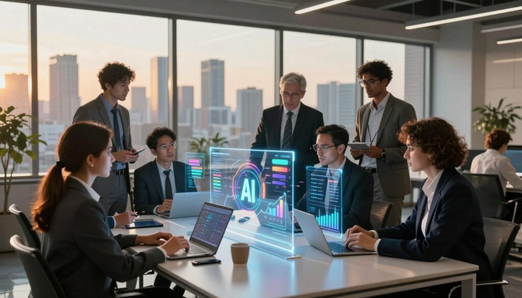 A futuristic office space filled with professionals engaging in a brainstorming session about artificial intelligence and lead generation. In the foreground, a diverse group of business people, dressed in smart attire, clustered around a sleek, modern table, studying holographic graphs and data visualizations depicting AI trends. In the middle ground, transparent screens display AI algorithms dynamically interacting with colorful lead generation metrics. The background features large windows with a city skyline bathed in warm, golden light, creating an optimistic atmosphere. Soft, ambient lighting enhances the collaborative mood while maintaining a focus on the central discussion about innovative strategies for acquiring clients.