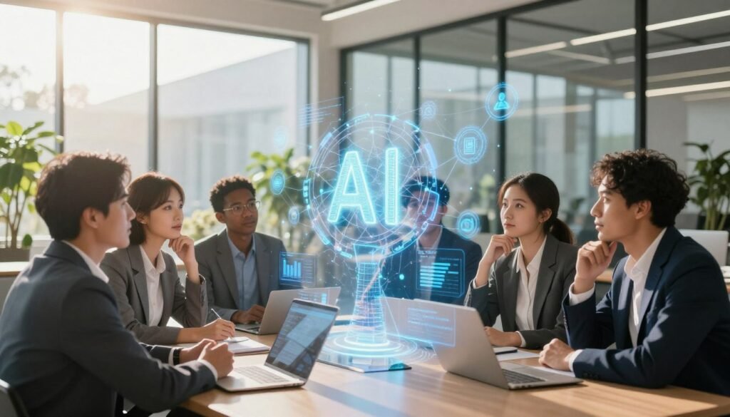 A futuristic office space illustrating the interplay between artificial intelligence and human relationships. In the foreground, a diverse group of professionals in business attire engage in thoughtful discussion around a digital interface displaying data analytics and AI algorithms, their expressions showing curiosity and contemplation. The middle ground features an abstract, holographic representation of AI technology, symbolizing connections and networking among individuals. The background is a glass-walled office filled with greenery, sunlight streaming in, creating a warm, inviting atmosphere. Use soft, natural lighting to enhance the collaborative mood, focusing on a wide-angle perspective to encapsulate the dynamics of human-AI interaction. The overall tone is optimistic and insightful, emphasizing the complexities of interpersonal relationships shaped by AI advancements.