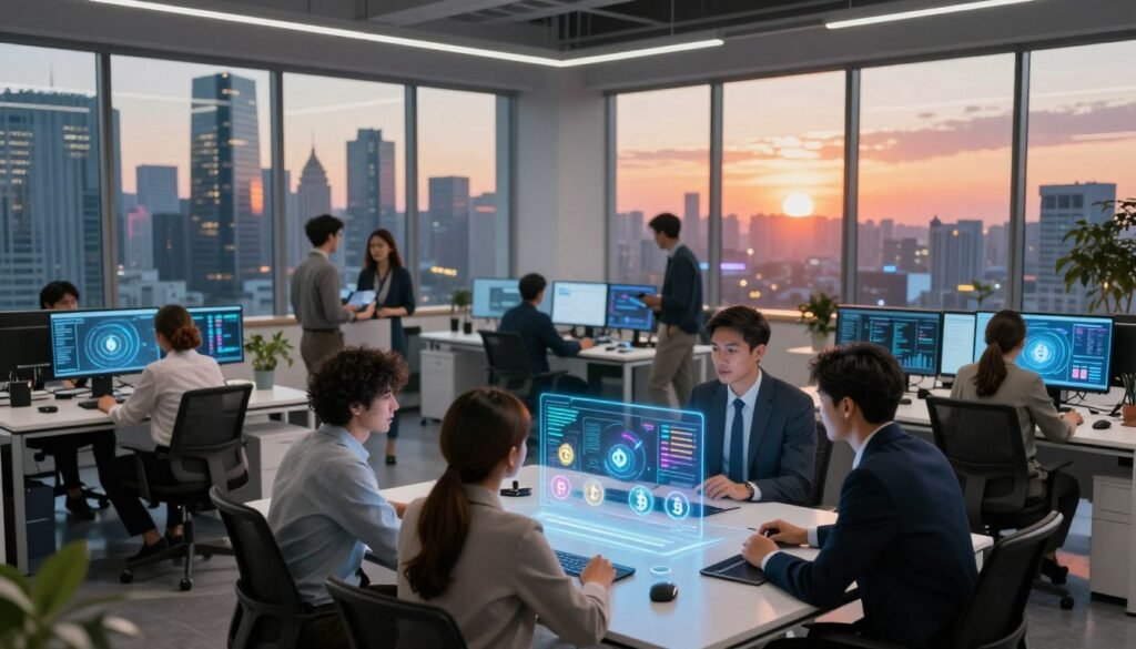 A futuristic office workspace bustling with activity, showcasing innovative startups at the intersection of AI and cryptocurrency. In the foreground, a diverse group of professionals in smart business attire discusses over a table filled with holographic charts and crypto symbols. The middle ground features sleek computer stations displaying advanced AI algorithms and digital cryptocurrency interfaces. The background features large windows revealing a city skyline with towering skyscrapers, illuminated by a vibrant sunset, casting warm light into the room. The atmosphere is dynamic and collaborative, reflecting the cutting-edge nature of technology and innovation. The composition should utilize a wide-angle lens to capture the entire scene, creating an engaging sense of depth and activity.