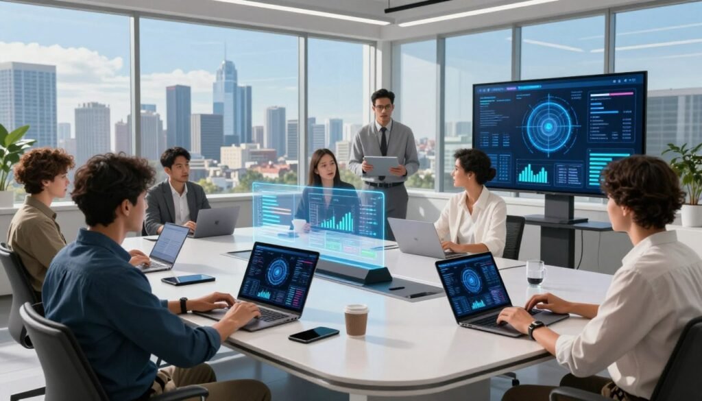 A futuristic workspace featuring an array of essential AI tools designed for entrepreneurs, showcasing sleek laptops, digital tablets, and interactive screens displaying analytics and data visualizations. In the foreground, a diverse team of professionals in smart casual attire engages in collaboration, discussing strategies with enthusiasm. The middle ground includes a large, modern conference table embellished with AI-driven devices and holograms illustrating key performance metrics. The background presents large windows with a panoramic view of a vibrant city skyline under a bright blue sky, filling the scene with natural light. The overall atmosphere exudes innovation, productivity, and a sense of urgency, reflecting the transformative impact of these AI tools on business profitability. A futuristic workspace featuring an array of essential AI tools designed for entrepreneurs, showcasing sleek laptops, digital tablets, and interactive screens displaying analytics and data visualizations. In the foreground, a diverse team of professionals in smart casual attire engages in collaboration, discussing strategies with enthusiasm. The middle ground includes a large, modern conference table embellished with AI-driven devices and holograms illustrating key performance metrics. The background presents large windows with a panoramic view of a vibrant city skyline under a bright blue sky, filling the scene with natural light. The overall atmosphere exudes innovation, productivity, and a sense of urgency, reflecting the transformative impact of these AI tools on business profitability.