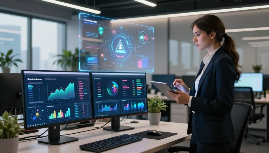 A futuristic workspace showcasing advanced AI tools for lead generation. In the foreground, a sleek computer setup with multiple screens displaying vibrant graphs and analytics dashboards, featuring a prominent interface of PhantomBuster. The middle ground includes a business professional, a woman in smart attire, analyzing data on a tablet, looking engaged and focused. She stands beside a large transparent digital display, showcasing colorful icons representing automation and growth hacking. The background features a modern office environment with soft, ambient lighting, large windows revealing a cityscape, and potted plants adding a touch of greenery. The overall atmosphere conveys innovation, professionalism, and a sense of dynamic progress in the field of AI-driven marketing solutions. A futuristic workspace showcasing advanced AI tools for lead generation. In the foreground, a sleek computer setup with multiple screens displaying vibrant graphs and analytics dashboards, featuring a prominent interface of PhantomBuster. The middle ground includes a business professional, a woman in smart attire, analyzing data on a tablet, looking engaged and focused. She stands beside a large transparent digital display, showcasing colorful icons representing automation and growth hacking. The background features a modern office environment with soft, ambient lighting, large windows revealing a cityscape, and potted plants adding a touch of greenery. The overall atmosphere conveys innovation, professionalism, and a sense of dynamic progress in the field of AI-driven marketing solutions.