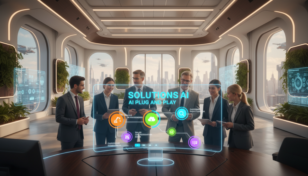 A futuristic workspace showcasing "solutions AI plug and play" in an engaging, visually striking manner. In the foreground, a sleek, modern computer screen displays a user-friendly visual workflow interface, with colorful nodes and connecting lines representing various bots and integrations. The middle ground features a diverse group of professionals in smart business attire, collaborating and discussing ideas around the screen, their expressions focused and enthusiastic. In the background, a bright and airy office environment filled with greenery and advanced technology, illuminated by soft, natural light filtering through large windows. The atmosphere is dynamic and innovative, emphasizing teamwork and the power of no-code AI solutions.