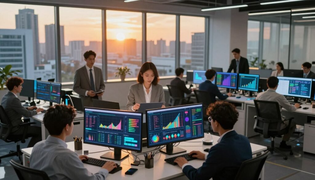 A high-tech office environment showcasing real-time data analysis. In the foreground, a diverse group of professionals in smart business attire is engaged with interactive screens displaying colorful graphs, charts, and dynamic data streams. The middle ground features sleek workstations with advanced technology and glowing monitors. In the background, large windows reveal a modern cityscape, bathed in the warm glow of sunset, casting a soft golden light throughout the room. The atmosphere is focused and innovative, highlighting collaboration and decision-making. The scene conveys a sense of urgency and intelligence, emphasizing the power of data in driving business strategies. The image should be vibrant, well-lit, and visually engaging, inviting viewers to explore the intricacies of real-time data analysis.