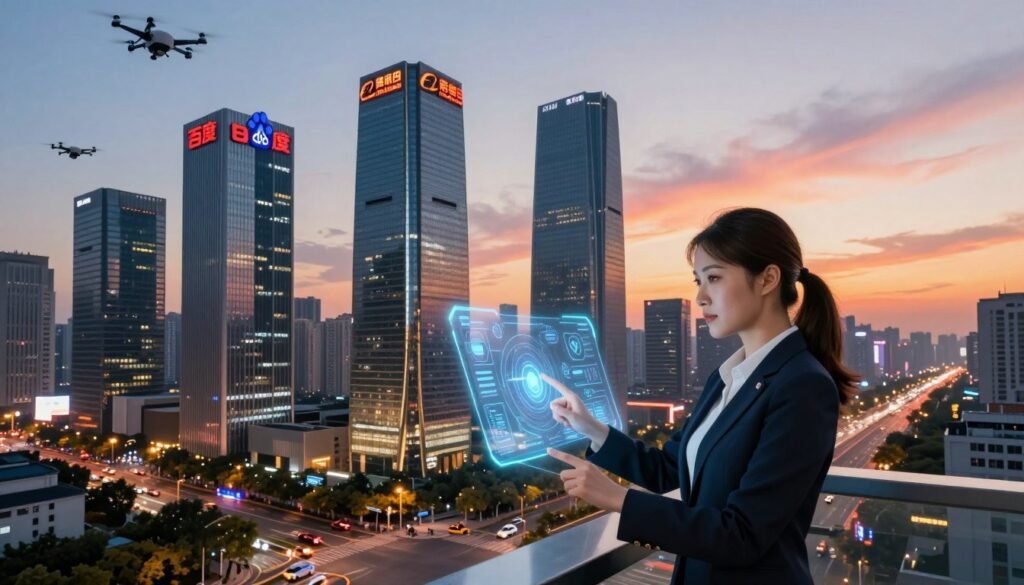 A modern Chinese cityscape showcasing the digital landscape of artificial intelligence giants Baidu, Alibaba, and Tencent. In the foreground, a professional businesswoman in formal attire is interacting with a holographic interface displaying futuristic AI analytics. The middle ground features iconic skyscrapers with the logos of Baidu, Alibaba, and Tencent illuminated in neon lights, while drones and smart vehicles navigate the smart city streets. The background contains a vibrant sunset casting warm hues over the skyline. The atmosphere is energetic and innovative, emphasizing technological advancement. Sharp focus on the businesswoman with a slight bokeh effect on the cityscape, shot from a low angle to emphasize the towering buildings and the bustling urban life. Bright lighting enhances the futuristic feel of the scene. A modern Chinese cityscape showcasing the digital landscape of artificial intelligence giants Baidu, Alibaba, and Tencent. In the foreground, a professional businesswoman in formal attire is interacting with a holographic interface displaying futuristic AI analytics. The middle ground features iconic skyscrapers with the logos of Baidu, Alibaba, and Tencent illuminated in neon lights, while drones and smart vehicles navigate the smart city streets. The background contains a vibrant sunset casting warm hues over the skyline. The atmosphere is energetic and innovative, emphasizing technological advancement. Sharp focus on the businesswoman with a slight bokeh effect on the cityscape, shot from a low angle to emphasize the towering buildings and the bustling urban life. Bright lighting enhances the futuristic feel of the scene.