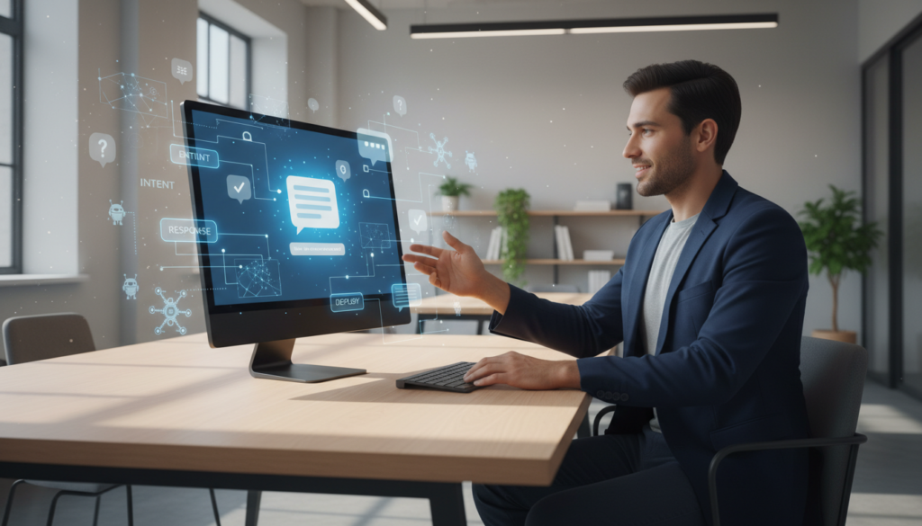 A modern and inviting workspace featuring a sleek computer displaying a chatbot interface on the screen. In the foreground, a professional individual in smart casual attire is actively engaging with the chatbot, demonstrating seamless interaction. In the middle, various tools and elements representing AI technology, such as flowcharts and speech bubbles, are artistically arranged to symbolize the creation process. The background features a minimalistic office design with soft, ambient lighting creating a calm yet productive atmosphere. Sunlight filters in through large windows, casting gentle shadows. The overall mood is inspiring, emphasizing the ease and accessibility of creating chatbots, conveying innovation and professionalism.