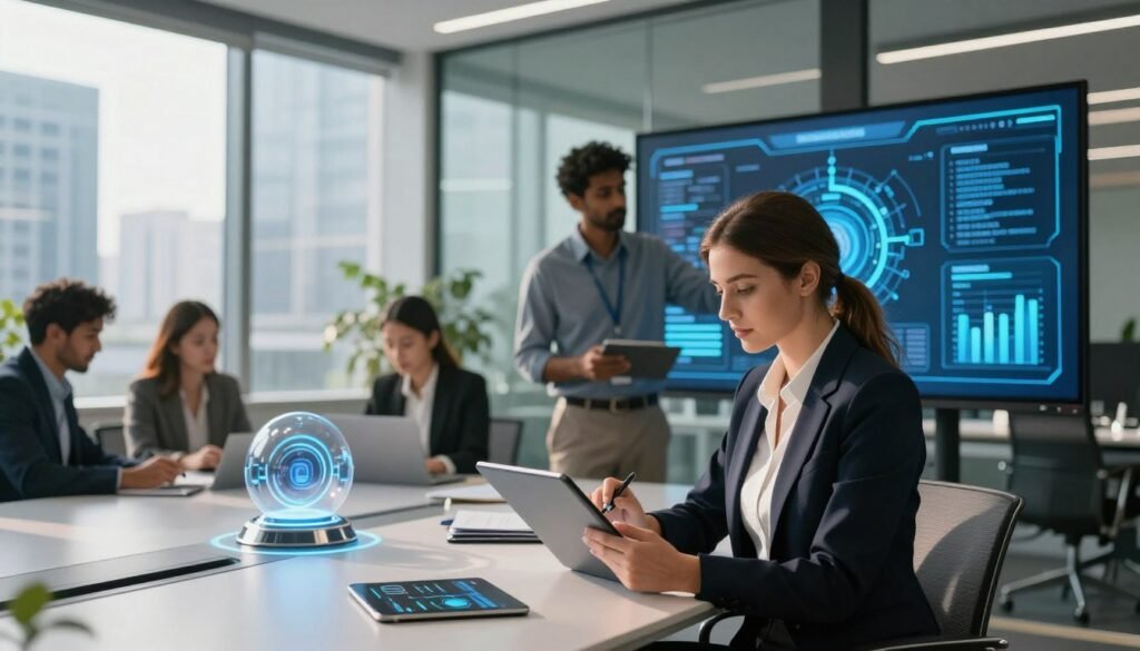 A modern business environment showcasing a diverse group of professionals collaborating on artificial intelligence projects. In the foreground, a focused Caucasian woman in smart business attire is analyzing data on a tablet, while a South Asian man beside her observes a digital interface on a large screen. In the middle ground, a sleek conference table with AI-related materials and futuristic devices symbolizes innovation and scalability. The background features a glass wall overlooking a bustling cityscape, suggesting growth and opportunity. Soft, natural lighting filters through the large windows, casting gentle shadows and creating a productive atmosphere. The overall mood is one of determination and forward-thinking, emphasizing the concept of a sustainable and scalable AI business.