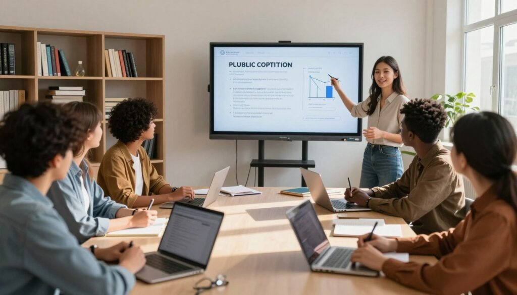 A modern classroom setting filled with diverse students actively engaging in a media literacy workshop. In the foreground, a young woman passionately presents a digital chart on a large screen, illustrating the impact of AI on public opinion. In the middle, students of various ethnicities are discussing in small groups, some taking notes, with laptops and tablets open, reflecting an atmosphere of collaboration and critical thinking. The background shows shelves filled with books on media and technology, and a window with sunlight streaming in, casting warm rays across the room. The mood is focused yet optimistic, highlighting the importance of education in empowering citizens against manipulation. The image captures the essence of media education as a protective measure against misinformation, emphasizing collaboration and informed decision-making. A modern classroom setting filled with diverse students actively engaging in a media literacy workshop. In the foreground, a young woman passionately presents a digital chart on a large screen, illustrating the impact of AI on public opinion. In the middle, students of various ethnicities are discussing in small groups, some taking notes, with laptops and tablets open, reflecting an atmosphere of collaboration and critical thinking. The background shows shelves filled with books on media and technology, and a window with sunlight streaming in, casting warm rays across the room. The mood is focused yet optimistic, highlighting the importance of education in empowering citizens against manipulation. The image captures the essence of media education as a protective measure against misinformation, emphasizing collaboration and informed decision-making.