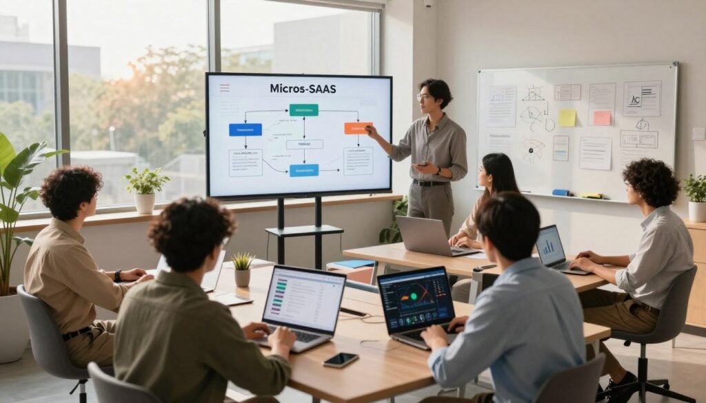 A modern co-working space with professionals collaborating on AI-powered micro-SaaS projects. In the foreground, a diverse group of individuals in smart casual attire is engaged in brainstorming, surrounded by laptops and digital devices displaying graphs and data analytics. In the middle ground, a large screen showcases a flowchart of potential business strategies, while a whiteboard is filled with innovative ideas. The background features large windows letting in warm, natural light, creating a bright and inspiring atmosphere. The scene conveys a sense of creativity and productivity, with a focus on technology and collaboration, shot from a slightly elevated angle to capture the entire space. A modern co-working space with professionals collaborating on AI-powered micro-SaaS projects. In the foreground, a diverse group of individuals in smart casual attire is engaged in brainstorming, surrounded by laptops and digital devices displaying graphs and data analytics. In the middle ground, a large screen showcases a flowchart of potential business strategies, while a whiteboard is filled with innovative ideas. The background features large windows letting in warm, natural light, creating a bright and inspiring atmosphere. The scene conveys a sense of creativity and productivity, with a focus on technology and collaboration, shot from a slightly elevated angle to capture the entire space.