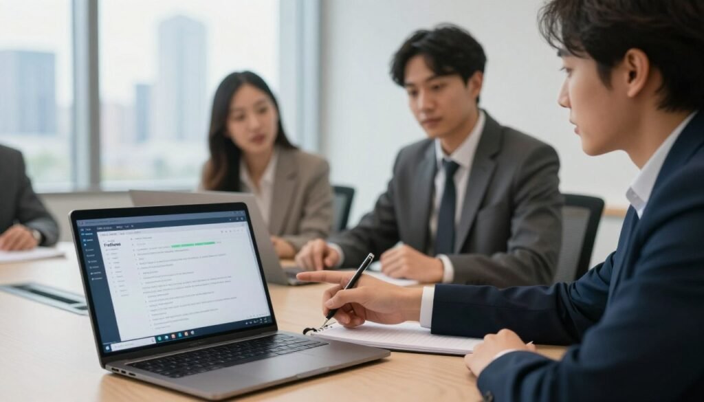 A modern conference room scene showcasing a professional meeting in progress, with an emphasis on the transcription process. In the foreground, a laptop displaying the Fireflies.ai interface with a detailed transcription of the meeting on the screen. In the middle, a diverse group of three individuals in business attire—two men and one woman—engaged in a discussion, one is taking notes while the other points at the laptop screen. In the background, a large window with a city skyline view and soft, natural lighting streaming in. The atmosphere is focused and productive, reflecting innovation and collaboration, ideal for a futuristic entrepreneurial setting in 2026. The image should be bright and inviting, captured from a slightly elevated angle to highlight the meeting dynamics. A modern conference room scene showcasing a professional meeting in progress, with an emphasis on the transcription process. In the foreground, a laptop displaying the Fireflies.ai interface with a detailed transcription of the meeting on the screen. In the middle, a diverse group of three individuals in business attire—two men and one woman—engaged in a discussion, one is taking notes while the other points at the laptop screen. In the background, a large window with a city skyline view and soft, natural lighting streaming in. The atmosphere is focused and productive, reflecting innovation and collaboration, ideal for a futuristic entrepreneurial setting in 2026. The image should be bright and inviting, captured from a slightly elevated angle to highlight the meeting dynamics.
