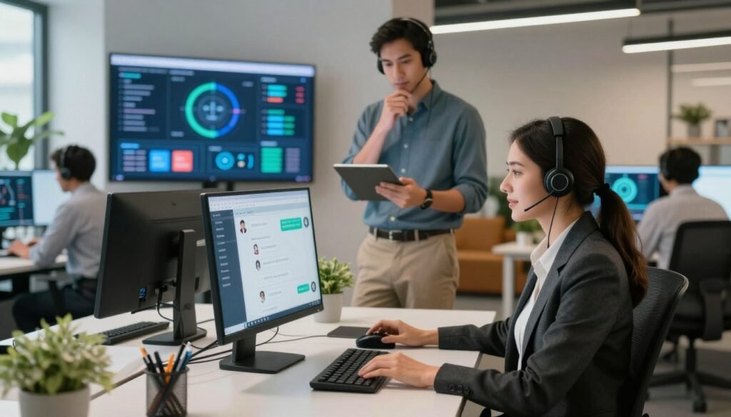 A modern customer support scene featuring conversational agents, showcasing a diverse group of professionals engaged in lively discussions. In the foreground, a confident female agent wearing business attire sits at a sleek, high-tech desk, interacting with her computer, which displays chat interfaces. The middle layer reveals another agent, a thoughtful male in smart casual wear, analyzing data on a tablet while standing beside a large screen showing vibrant analytics and customer feedback. In the background, a stylish office space with modern furnishings, soft lighting, and green plants creates a welcoming atmosphere. The overall mood is dynamic and collaborative, emphasizing innovation in customer support automation with conversational AI tools.