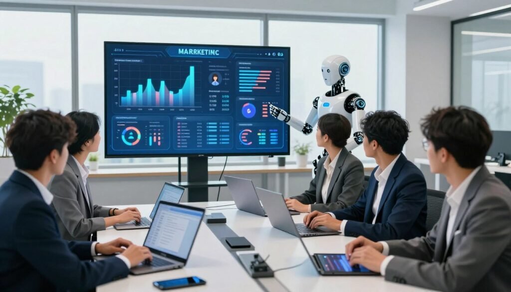 A modern, digital workspace bustling with activity, showcasing various AI tools for marketing in 2026. In the foreground, a diverse group of professionals in business attire collaborates around a sleek table filled with laptops and digital tablets. The middle ground features an interactive digital screen displaying graphs, charts, and customer data analytics. A robot assistant, sleek and futuristic, assists with real-time data insights. The background reveals a bright office with large windows letting in natural light, creating a vibrant atmosphere. Soft blue and white tones dominate the color scheme, conveying a sense of innovation and professionalism. The mood is energetic yet focused, emphasizing collaboration and technological advancement in marketing and customer acquisition strategies. A modern, digital workspace bustling with activity, showcasing various AI tools for marketing in 2026. In the foreground, a diverse group of professionals in business attire collaborates around a sleek table filled with laptops and digital tablets. The middle ground features an interactive digital screen displaying graphs, charts, and customer data analytics. A robot assistant, sleek and futuristic, assists with real-time data insights. The background reveals a bright office with large windows letting in natural light, creating a vibrant atmosphere. Soft blue and white tones dominate the color scheme, conveying a sense of innovation and professionalism. The mood is energetic yet focused, emphasizing collaboration and technological advancement in marketing and customer acquisition strategies.