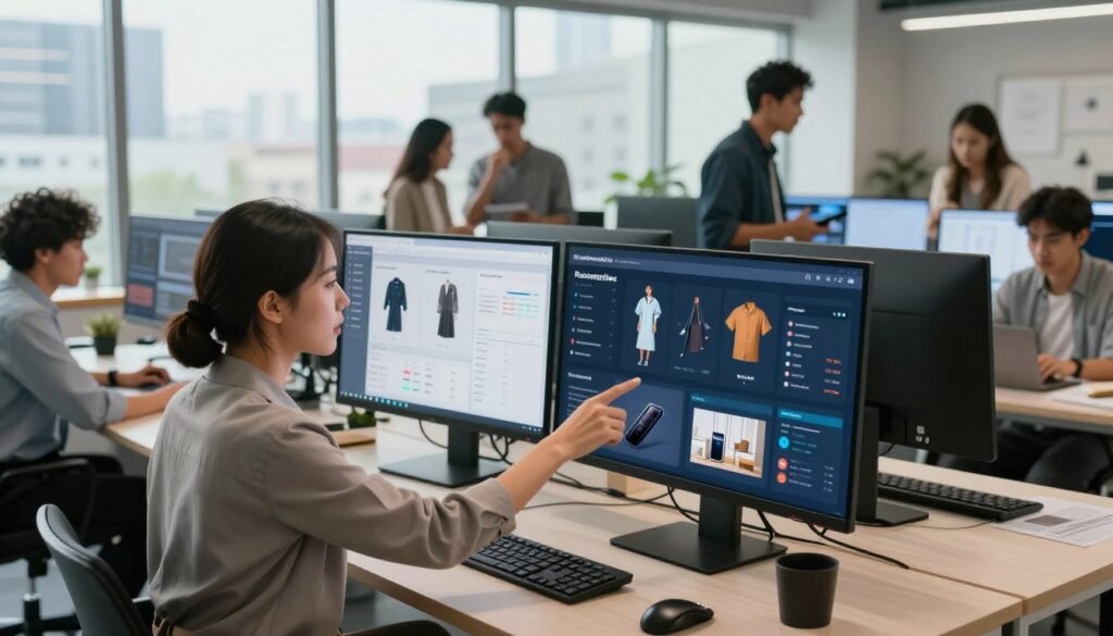 A modern digital workspace featuring a diverse group of professionals analyzing product recommendations on sleek, large computer screens. In the foreground, a focused woman in professional attire gestures towards a dynamic, interactive data visualization of real-time product suggestions, showcasing various merchandise like clothing, electronics, and home goods. The middle ground includes a collaborative atmosphere with colleagues discussing strategies, surrounded by high-tech gadgets, and analytics tools. In the background, large windows let in natural light, highlighting a bustling cityscape. The overall mood is energetic and innovative, emphasizing the integration of AI in e-commerce. The lighting is bright and inviting, with soft shadows, while the camera angle captures an engaging perspective of teamwork and technology at play. A modern digital workspace featuring a diverse group of professionals analyzing product recommendations on sleek, large computer screens. In the foreground, a focused woman in professional attire gestures towards a dynamic, interactive data visualization of real-time product suggestions, showcasing various merchandise like clothing, electronics, and home goods. The middle ground includes a collaborative atmosphere with colleagues discussing strategies, surrounded by high-tech gadgets, and analytics tools. In the background, large windows let in natural light, highlighting a bustling cityscape. The overall mood is energetic and innovative, emphasizing the integration of AI in e-commerce. The lighting is bright and inviting, with soft shadows, while the camera angle captures an engaging perspective of teamwork and technology at play.