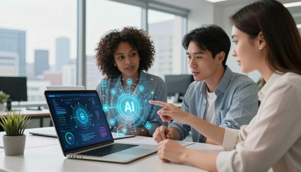 A modern digital workspace featuring a sleek desk with a laptop open to a vibrant interface displaying various AI API connections. In the foreground, a diverse group of three professionals, one Black woman, one Asian man, and one Caucasian woman, are engaged in a collaborative discussion, pointing at the screen. The middle ground showcases a futuristic holographic display of interconnected API networks, glowing with blue and green data streams. In the background, a large window reveals a city skyline under a bright, sunny day, casting soft natural light into the room. The atmosphere is one of innovation and collaboration, with a clear focus on the integration of artificial intelligence technologies. The image should evoke a sense of excitement and opportunity in the tech industry. A modern digital workspace featuring a sleek desk with a laptop open to a vibrant interface displaying various AI API connections. In the foreground, a diverse group of three professionals, one Black woman, one Asian man, and one Caucasian woman, are engaged in a collaborative discussion, pointing at the screen. The middle ground showcases a futuristic holographic display of interconnected API networks, glowing with blue and green data streams. In the background, a large window reveals a city skyline under a bright, sunny day, casting soft natural light into the room. The atmosphere is one of innovation and collaboration, with a clear focus on the integration of artificial intelligence technologies. The image should evoke a sense of excitement and opportunity in the tech industry.