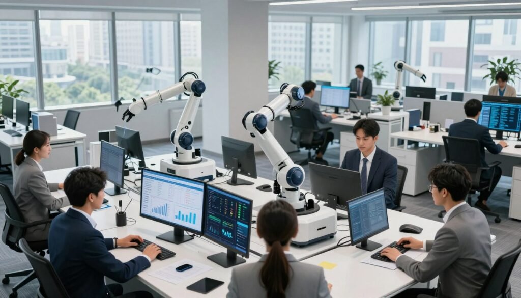 A modern office environment bustling with automation technology. In the foreground, a diverse group of professionals in business attire collaborates around a sleek, high-tech table with digital screens displaying graphs and data, illustrating efficient task management. In the middle, robotic arms and automated machines seamlessly handle mundane office tasks like document sorting and data entry, emphasizing the integration of AI. The background features large windows with a cityscape view, allowing natural light to flood the space, creating a bright and inspiring atmosphere. The overall mood is dynamic and innovative, reflecting the transformative power of automation in a business setting. Capture this scene from a slightly elevated angle to enhance depth and perspective.