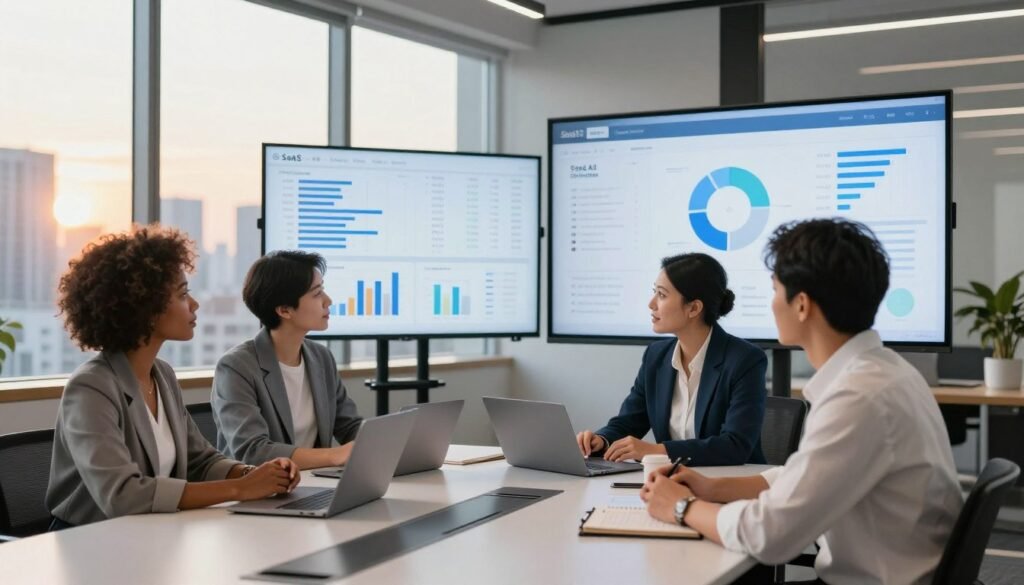 A modern office environment featuring a professional team analyzing metrics on large screens displaying graphs and data related to a SaaS AI product. In the foreground, a diverse group of three professionals (one Black woman, one Asian man, and one Hispanic woman) are engaged in a discussion, dressed in business casual attire. The middle ground shows a sleek conference table with laptops and notepads, while behind them, large windows provide a view of a city skyline bathed in warm afternoon light. The atmosphere is focused and collaborative, with an advanced technology feel, highlighting innovation and teamwork. The image is well-balanced, featuring soft shadows and bright highlights to convey a sense of optimism and productivity.