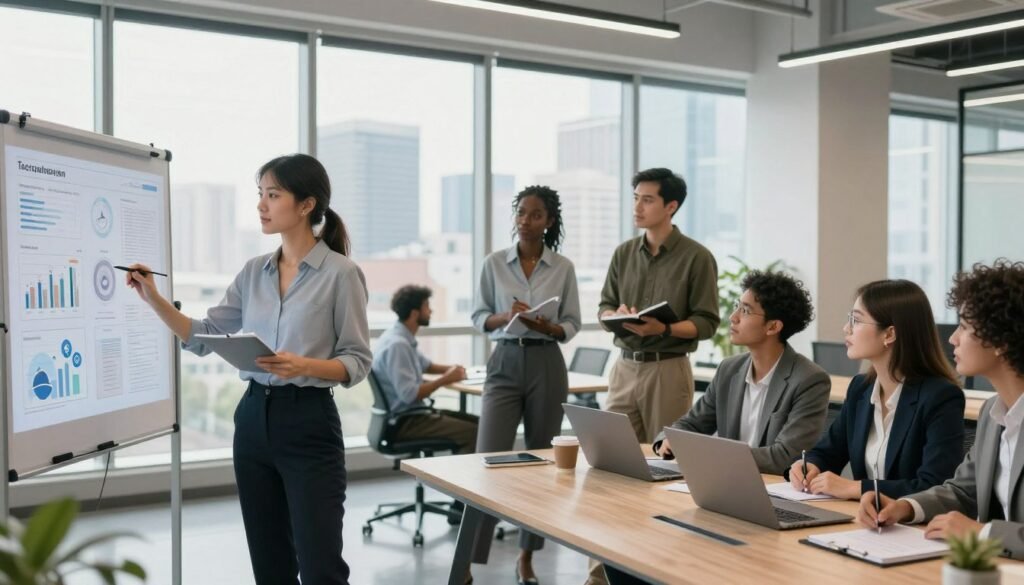 A modern office environment featuring diverse professionals engaged in a collaborative meeting about AI talent recruitment. In the foreground, a confident woman in professional attire stands at a digital whiteboard, presenting advanced data analytics visuals. In the middle ground, a small group of colleagues, including men and women of various ethnicities, actively discussing and taking notes, showcasing a blend of technology and teamwork. The background highlights large windows with a city skyline, suggesting innovation and opportunity. Soft, natural lighting floods the space, giving a bright, optimistic atmosphere. Use a wide-angle perspective to encompass the workspace's dynamic energy, enhancing the sense of collaboration and modernity.