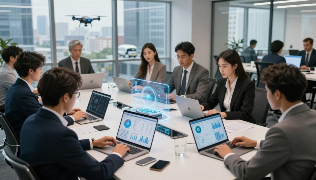 A modern office environment illustrating the measurable impact of AI on employment in 2026. In the foreground, a diverse group of professionals in business attire analyzes charts and graphs on laptops, displaying data and statistics related to AI and job markets. The middle ground features a sleek conference table with futuristic gadgets and AI interfaces, symbolizing technology’s integration into workplaces. In the background, large windows reveal a cityscape with drones and automated vehicles, hinting at a transformed urban landscape. Soft, warm lighting creates a balanced atmosphere, highlighting the collaboration between humans and technology. The perspective is slightly elevated, providing a comprehensive view of the interaction between people and AI systems, evoking a sense of progress and innovation.