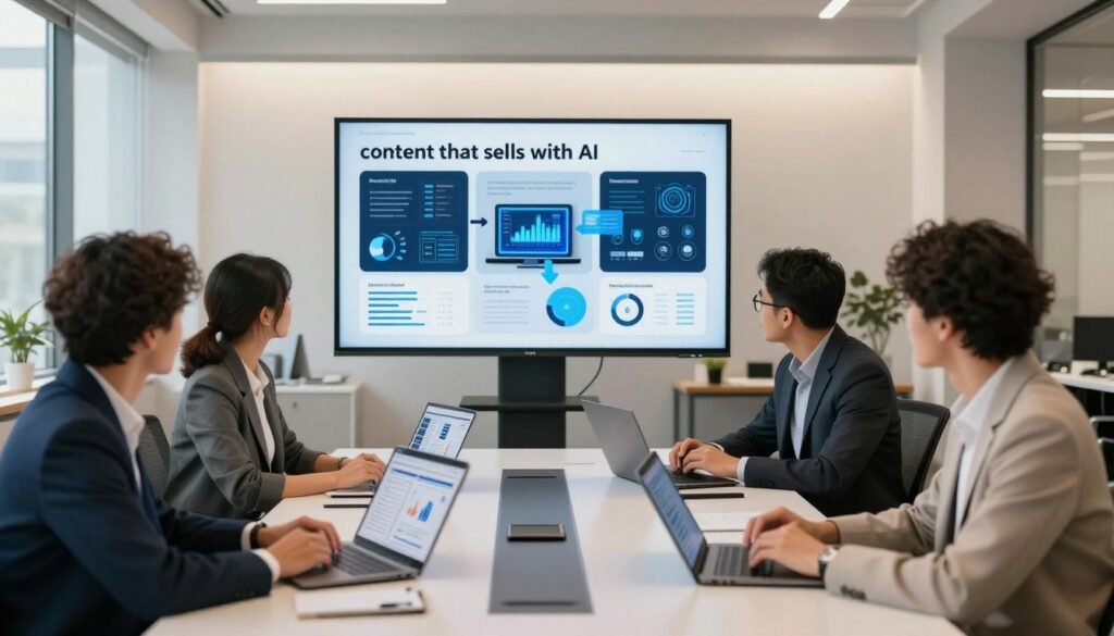 A modern office environment showcasing a digital workspace focused on "content that sells with AI." In the foreground, a diverse group of professionals in smart business attire collaborates around a sleek conference table littered with laptops and digital tablets displaying graphs and analytics. The middle ground features a large screen projecting engaging content strategies, while AI algorithms visually integrate into the designs. The background includes a minimalist office with large windows allowing natural light to flood in, creating a warm and inviting atmosphere. The lighting is soft yet bright, emphasizing collaboration and innovation in a futuristic aesthetic. The scene conveys a sense of productivity and creativity, capturing the essence of optimizing content for conversion in a tech-driven business landscape.