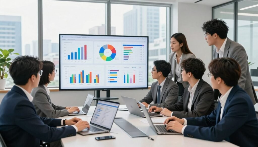 A modern office environment showcasing the concept of multichannel content creation and digital marketing optimization. In the foreground, a diverse group of professionals in smart business attire is collaborating around a sleek conference table, discussing strategy with digital devices in hand. In the middle, vibrant charts and graphs are displayed on screens, illustrating data analytics, social media metrics, and content planning. The background features large windows with a city skyline view, allowing natural light to flood the room. The atmosphere is dynamic and focused, hinting at innovation and teamwork. The image should be bright and inviting, with an emphasis on professionalism and creativity, captured from an angle that highlights the collaborative spirit of the team.