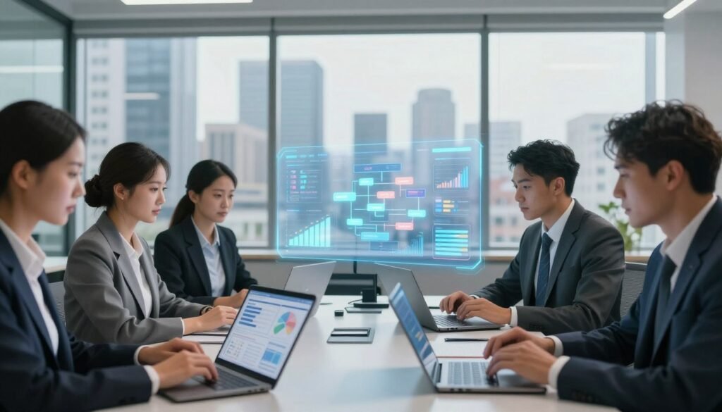 A modern office environment showcasing the theme of process automation. In the foreground, a diverse group of professionals in business attire actively engages with various digital devices, such as tablets and laptops, displaying data and graphs. The middle ground includes an advanced digital interface or holographic dashboard with graphs, charts, and statistics illustrating automated workflows and efficiency metrics. The background features large windows with a city skyline, bathed in soft, natural light, creating a motivational atmosphere. The overall mood is dynamic and innovative, emphasizing collaboration and technological advancement, with a lens emphasizing depth of field to focus on the interaction between people and technology. A modern office environment showcasing the theme of process automation. In the foreground, a diverse group of professionals in business attire actively engages with various digital devices, such as tablets and laptops, displaying data and graphs. The middle ground includes an advanced digital interface or holographic dashboard with graphs, charts, and statistics illustrating automated workflows and efficiency metrics. The background features large windows with a city skyline, bathed in soft, natural light, creating a motivational atmosphere. The overall mood is dynamic and innovative, emphasizing collaboration and technological advancement, with a lens emphasizing depth of field to focus on the interaction between people and technology.