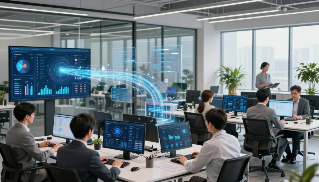 A modern office environment showcasing the theme of "task automation in administrative management." In the foreground, a diverse group of business professionals in professional attire are engaged with sleek digital devices, analyzing data on large screens filled with charts and graphs. In the middle ground, automated workflows are visually represented as flowing data streams and interconnected digital interfaces, symbolizing efficiency and organization. The background features a contemporary office space with glass walls, bright lighting from large windows, and greenery, suggesting a vibrant and innovative atmosphere. The overall mood should be optimistic and forward-thinking, with a sense of dynamic progress, emphasizing the integration of AI in business operations.