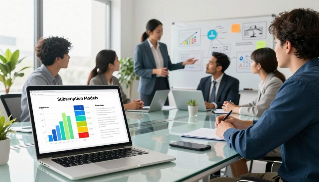 A modern office environment showcasing various SaaS monetization models through vibrant infographics. In the foreground, a sleek laptop displays colorful graphs and charts illustrating subscription models, tiered pricing, and freemium strategies. In the middle ground, a diverse group of professionals in business attire discusses these models around a glass table, engaged in a brainstorming session. Bright natural light flows through large windows, enhancing a professional yet inspiring atmosphere. In the background, a whiteboard filled with brainstorming notes and sketches of SaaS ideas, and plants adding a touch of greenery to the contemporary workspace. The focus is on collaboration, innovation, and the potential for revenue growth in the AI-driven SaaS marketplace. A modern office environment showcasing various SaaS monetization models through vibrant infographics. In the foreground, a sleek laptop displays colorful graphs and charts illustrating subscription models, tiered pricing, and freemium strategies. In the middle ground, a diverse group of professionals in business attire discusses these models around a glass table, engaged in a brainstorming session. Bright natural light flows through large windows, enhancing a professional yet inspiring atmosphere. In the background, a whiteboard filled with brainstorming notes and sketches of SaaS ideas, and plants adding a touch of greenery to the contemporary workspace. The focus is on collaboration, innovation, and the potential for revenue growth in the AI-driven SaaS marketplace.