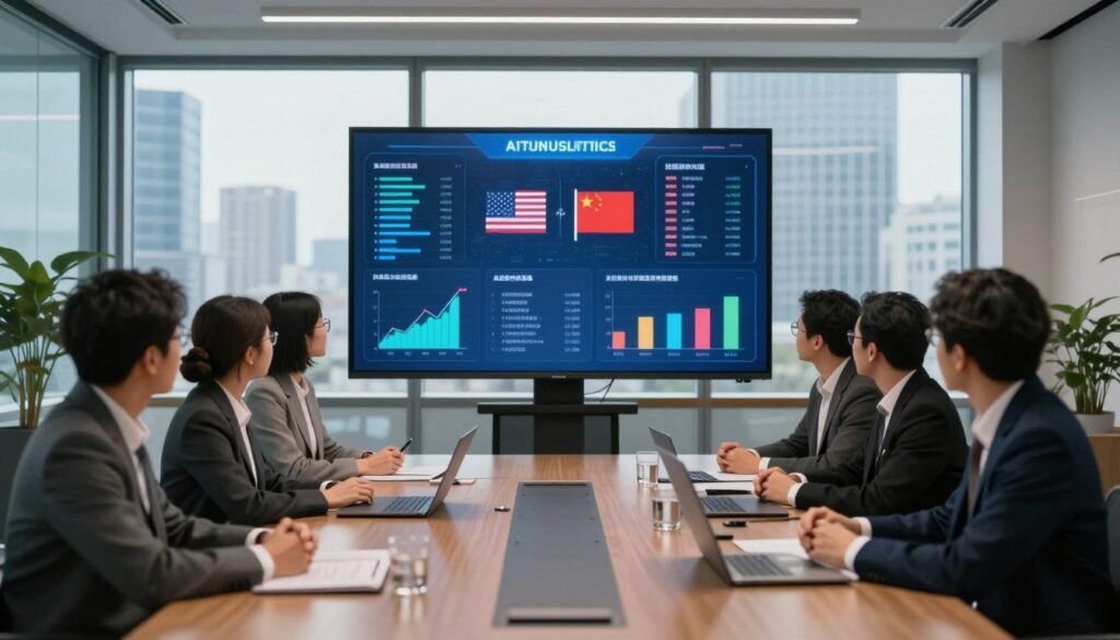 A modern office environment with a large conference table as the foreground, where a diverse group of professionals in business attire discuss artificial intelligence regulation. In the middle, a digital screen displays complex graphs and data visualizations related to AI vulnerabilities, with charts indicating a comparison between the US and China. The background features large windows that reveal a cityscape, symbolizing technological advancement. Soft, focused lighting creates a serious yet optimistic atmosphere, emphasizing collaboration and innovation. The angle should be slightly elevated to provide a clear view of the group and the screen, highlighting both human engagement and technological elements, while maintaining a sense of urgency regarding AI regulation. A modern office environment with a large conference table as the foreground, where a diverse group of professionals in business attire discuss artificial intelligence regulation. In the middle, a digital screen displays complex graphs and data visualizations related to AI vulnerabilities, with charts indicating a comparison between the US and China. The background features large windows that reveal a cityscape, symbolizing technological advancement. Soft, focused lighting creates a serious yet optimistic atmosphere, emphasizing collaboration and innovation. The angle should be slightly elevated to provide a clear view of the group and the screen, highlighting both human engagement and technological elements, while maintaining a sense of urgency regarding AI regulation.