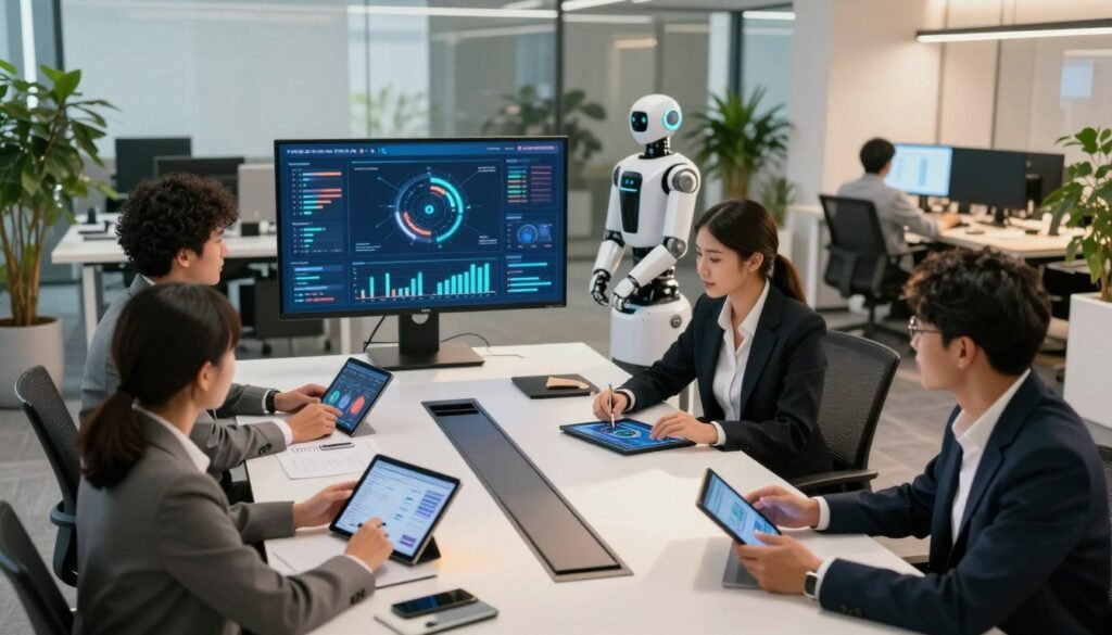 A modern office scene showcasing the automation of the sales cycle. In the foreground, a diverse group of business professionals in sharp attire collaborate around a sleek conference table, analyzing sales data on digital tablets. In the middle ground, a large screen displays dynamic graphs and AI-powered analytics tools. The background features a bright, open workspace filled with greenery and futuristic technology, like robotic assistants helping with tasks. The lighting is warm and inviting, casting soft shadows. The atmosphere is focused yet optimistic, symbolizing the seamless integration of AI into business processes. The angle is slightly elevated, providing a comprehensive view of the scene's collaboration and innovation.