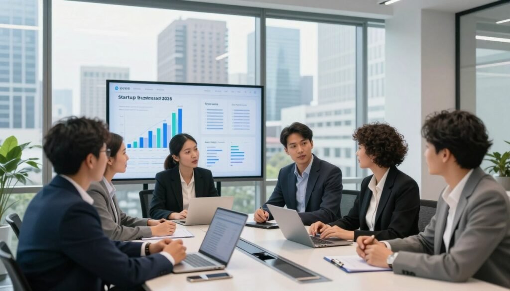 A modern office setting featuring a diverse group of professionals analyzing startup business models focused on AI technology. In the foreground, a diverse male and female team, dressed in smart business attire, are engaged in a lively discussion around a sleek conference table, with graphs and charts displayed on a digital screen in the background. The middle section shows a large window with a view of a bustling cityscape, symbolizing growth and innovation. Soft, natural lighting illuminates the room, creating a bright and optimistic atmosphere. The angle is slightly elevated, capturing both the team’s collaboration and the impressive skyline outside. The mood conveys a sense of ambition and analysis as they evaluate the profitability of AI startups in 2026.