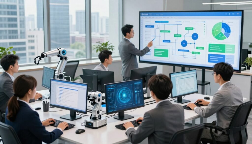 A modern office setting filled with dynamic technology, illustrating the concept of workflow automation. In the foreground, a diverse team of professionals in business attire collaborates around a large digital screen displaying charts and flow diagrams. The middle ground features sleek computers and robotic process automation tools working seamlessly together. In the background, large windows reveal a bustling cityscape, symbolizing innovation and progress. The lighting is bright and airy, with hints of blue and green tones to convey a sense of growth and efficiency. Capture the mood of productivity and collaboration, emphasizing the transformative power of automation in business processes. A modern office setting filled with dynamic technology, illustrating the concept of workflow automation. In the foreground, a diverse team of professionals in business attire collaborates around a large digital screen displaying charts and flow diagrams. The middle ground features sleek computers and robotic process automation tools working seamlessly together. In the background, large windows reveal a bustling cityscape, symbolizing innovation and progress. The lighting is bright and airy, with hints of blue and green tones to convey a sense of growth and efficiency. Capture the mood of productivity and collaboration, emphasizing the transformative power of automation in business processes.