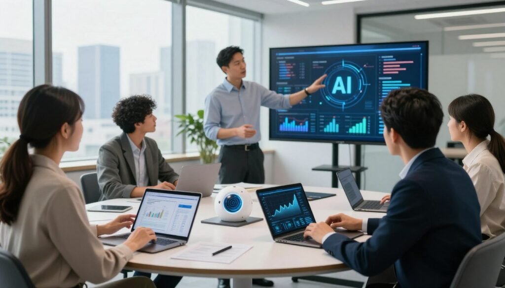 A modern office setting showcasing a diverse group of professionals discussing investment strategies in artificial intelligence startups. In the foreground, a well-dressed woman reviews financial charts on a tablet, while a man in business attire gestures towards a digital board displaying AI data and trends. The middle ground features a round table with laptops, prototypes, and AI-related materials. In the background, large windows let in soft, natural light, revealing a city skyline. The atmosphere is focused and collaborative, conveying a mood of urgency and optimism about the future of AI investments. The image should emphasize a sense of professionalism and innovation, with a clean, polished aesthetic.