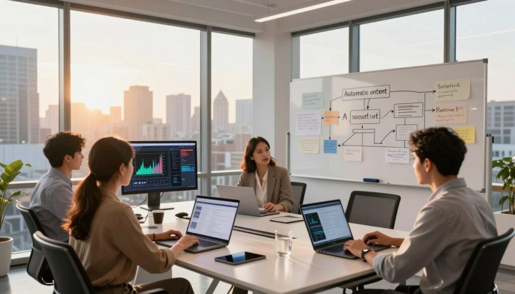 A modern office setting showcasing a team of professionals engaged in creating automated content. In the foreground, a diverse group of three people—two women and one man—are seated at a sleek conference table filled with laptops, tablets, and digital screens displaying graphs and AI-generated content examples. The middle ground features a large whiteboard with flowcharts and notes about automated content strategies. In the background, floor-to-ceiling windows reveal a city skyline, drenched in warm, golden sunlight, casting a vibrant glow across the room. The mood is focused and innovative, emphasizing a collaborative atmosphere. Capture this scene with a wide-angle lens to highlight the teamwork and advanced technology in use.