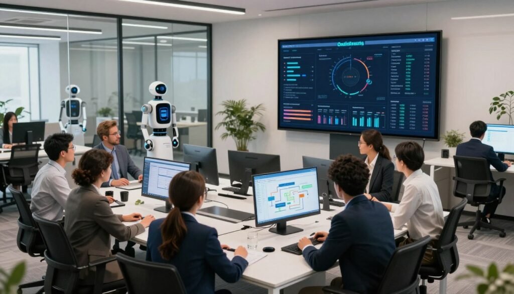 A modern office space featuring advanced workflow automation tools in action. In the foreground, a diverse group of professionals in smart business attire collaborate around a sleek conference table filled with screens displaying flowcharts and data analytics. In the middle ground, an impressive digital dashboard on a large screen visualizes real-time project management and automation processes, highlighting efficiency. The background shows glass-walled offices with futuristic tech, like AI-driven robots assisting with tasks. The lighting is bright and inviting, emulating a productive atmosphere, with sunlight streaming through the windows. The camera angle is slightly elevated, capturing the dynamic interaction of the team while encapsulating the essence of advanced automation in the workplace. A modern office space featuring advanced workflow automation tools in action. In the foreground, a diverse group of professionals in smart business attire collaborate around a sleek conference table filled with screens displaying flowcharts and data analytics. In the middle ground, an impressive digital dashboard on a large screen visualizes real-time project management and automation processes, highlighting efficiency. The background shows glass-walled offices with futuristic tech, like AI-driven robots assisting with tasks. The lighting is bright and inviting, emulating a productive atmosphere, with sunlight streaming through the windows. The camera angle is slightly elevated, capturing the dynamic interaction of the team while encapsulating the essence of advanced automation in the workplace.
