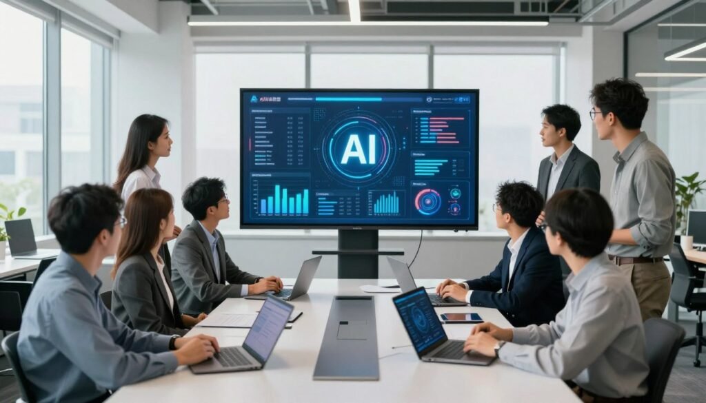 A modern office space filled with diverse professionals collaborating on artificial intelligence strategies. In the foreground, a diverse group of individuals in smart business attire gathers around a large digital screen displaying complex graphs and AI-related visual data. They're engaged in a lively discussion, emphasizing teamwork and strategic positioning. The middle ground shows state-of-the-art technology, such as laptops and tablets scattered on a sleek conference table. The background features large windows, allowing soft natural light to illuminate the scene, creating an inviting atmosphere filled with innovation. The mood is energetic and focused, capturing the essence of a forward-thinking AI agency in the year 2026, with a clean, minimalist design aesthetic.