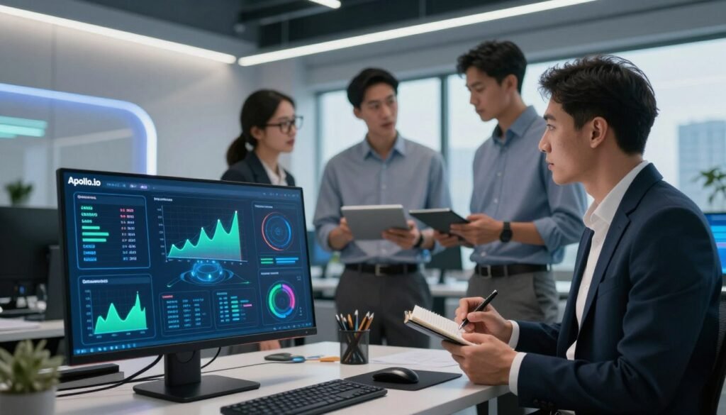 A modern office workspace equipped with advanced technology showcasing "Apollo.io," an AI-powered lead generation database. In the foreground, a sleek computer monitor displays intricate data visualizations and analytics related to lead generation, vibrant graphs, and charts glowing with blue and green hues. In the middle, a diverse group of three professionals in smart, business attire—one woman with glasses, one man with a tablet, and another man taking notes—collaborate and discuss strategies. The background features futuristic design elements, soft ambient lighting, and a large window with a cityscape view, conveying a sense of innovation and focus. The atmosphere is energetic and inspiring, highlighting the fusion of intelligence and technology in the lead generation space. A modern office workspace equipped with advanced technology showcasing "Apollo.io," an AI-powered lead generation database. In the foreground, a sleek computer monitor displays intricate data visualizations and analytics related to lead generation, vibrant graphs, and charts glowing with blue and green hues. In the middle, a diverse group of three professionals in smart, business attire—one woman with glasses, one man with a tablet, and another man taking notes—collaborate and discuss strategies. The background features futuristic design elements, soft ambient lighting, and a large window with a cityscape view, conveying a sense of innovation and focus. The atmosphere is energetic and inspiring, highlighting the fusion of intelligence and technology in the lead generation space.
