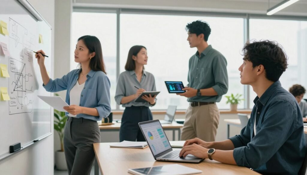 A modern office workspace featuring a diverse group of professionals brainstorming ideas for a SaaS product. In the foreground, a woman in professional attire is sketching on a whiteboard filled with diagrams and post-it notes, while a man beside her types on a laptop, analyzing data. In the middle ground, two other colleagues discuss amongst themselves with a digital tablet displaying charts and graphs. The background shows large windows allowing natural light to flood the room, creating a vibrant and inspiring atmosphere. Soft shadows enhance the collaborative mood, while a neutral color palette with pops of blue and green adds a fresh, tech-savvy feel. The camera angle captures the workspace dynamically, implying action and innovation. A modern office workspace featuring a diverse group of professionals brainstorming ideas for a SaaS product. In the foreground, a woman in professional attire is sketching on a whiteboard filled with diagrams and post-it notes, while a man beside her types on a laptop, analyzing data. In the middle ground, two other colleagues discuss amongst themselves with a digital tablet displaying charts and graphs. The background shows large windows allowing natural light to flood the room, creating a vibrant and inspiring atmosphere. Soft shadows enhance the collaborative mood, while a neutral color palette with pops of blue and green adds a fresh, tech-savvy feel. The camera angle captures the workspace dynamically, implying action and innovation.