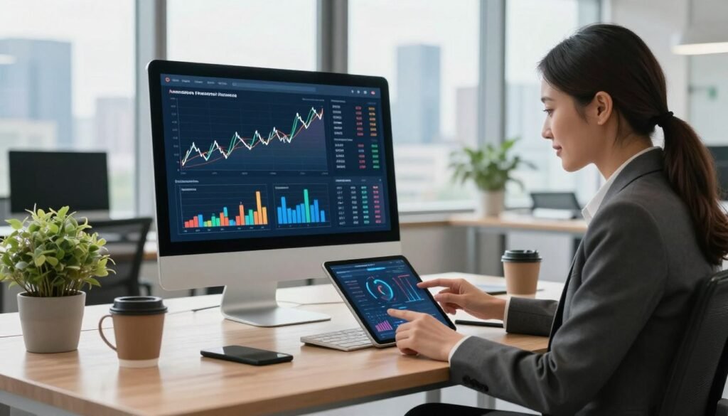 A modern office workspace featuring a sleek desktop computer displaying a digital financial dashboard filled with graphs and charts, indicating automation in personal finance. In the foreground, a confident, professional woman in business attire is analyzing data on her tablet, showcasing an air of financial empowerment. The middle ground captures an open laptop with vibrant visualizations of automated processes, while a potted plant and a coffee mug add a touch of warmth to the setting. The background features large windows with a city skyline, allowing soft natural light to fill the room, enhancing a bright, optimistic atmosphere. The overall mood is one of professionalism and technological advancement, emphasizing the advantages of financial automation.