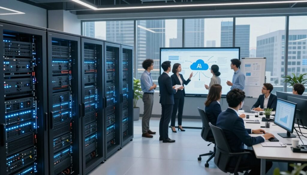 A modern, scalable technical infrastructure setup, featuring a sleek network data center in the foreground filled with high-tech server racks illuminated by soft blue LED lighting. In the middle, a group of diverse professionals in business attire collaborate around a digital whiteboard, discussing cloud computing and data architecture strategies. In the background, large windows reveal a bustling city skyline, symbolizing growth and innovation. The scene is captured from a slightly elevated angle, creating a dynamic perspective that emphasizes the interaction between the team and their advanced technology. The overall atmosphere is one of collaboration and forward-thinking, highlighting the potential of AI in shaping future business landscapes.