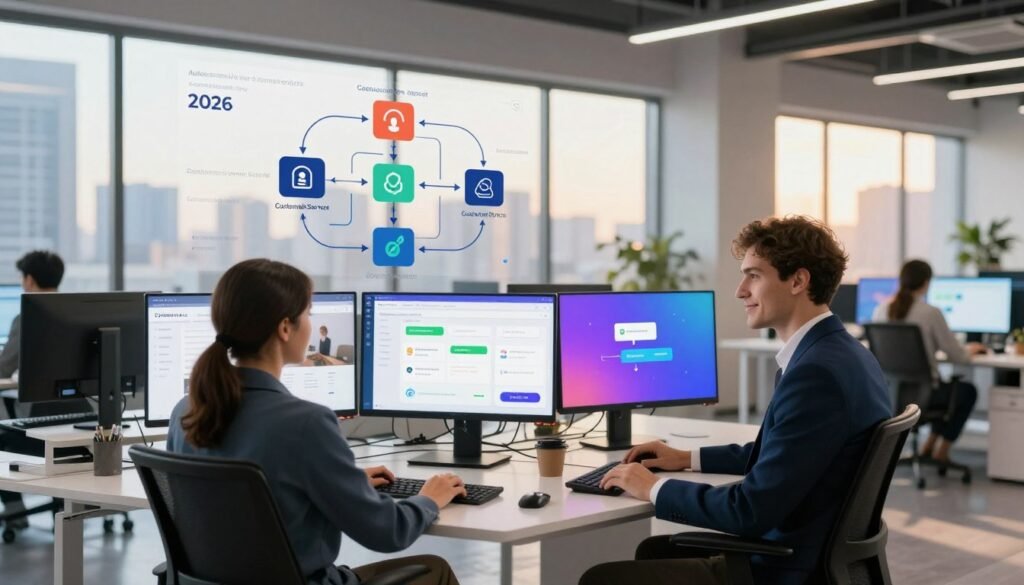 A modern, sleek office environment showcasing the concept of automated customer support with Gorgias. In the foreground, a confident professional wearing smart business attire sits at a desk with multiple screens displaying vibrant analytics and chat interfaces, emphasizing efficient customer interaction. The middle ground includes a flowchart or diagram illustrating automated workflows, with clear icons representing integration and responsiveness. In the background, a window reveals a bustling cityscape bathed in warm, natural light, symbolizing innovation and connectivity in ecommerce for 2026. The atmosphere is dynamic and forward-thinking, capturing the spirit of technological advancement in customer service. The composition uses a wide-angle lens for a feeling of spaciousness and inclusivity. A modern, sleek office environment showcasing the concept of automated customer support with Gorgias. In the foreground, a confident professional wearing smart business attire sits at a desk with multiple screens displaying vibrant analytics and chat interfaces, emphasizing efficient customer interaction. The middle ground includes a flowchart or diagram illustrating automated workflows, with clear icons representing integration and responsiveness. In the background, a window reveals a bustling cityscape bathed in warm, natural light, symbolizing innovation and connectivity in ecommerce for 2026. The atmosphere is dynamic and forward-thinking, capturing the spirit of technological advancement in customer service. The composition uses a wide-angle lens for a feeling of spaciousness and inclusivity.