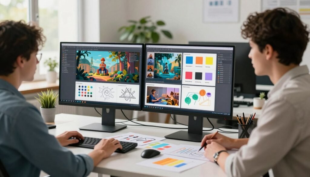 A modern workspace featuring a sleek computer setup, showcasing a vibrant digital design interface displaying various visual creations. In the foreground, a professional individual in smart casual attire is engaged in brainstorming, surrounded by colorful sketches and branding materials. The middle ground features a large screen displaying awe-inspiring AI-generated images, hinting at Midjourney's capabilities in visual creation. In the background, a bright, sunlit office with large windows creates an inviting atmosphere, with green plants adding a touch of life. The lighting is soft and warm, suggesting a productive yet relaxed mood. The scene captures the essence of rapid branding and innovative visual tools, highlighting creativity and productivity in a contemporary business environment. A modern workspace featuring a sleek computer setup, showcasing a vibrant digital design interface displaying various visual creations. In the foreground, a professional individual in smart casual attire is engaged in brainstorming, surrounded by colorful sketches and branding materials. The middle ground features a large screen displaying awe-inspiring AI-generated images, hinting at Midjourney's capabilities in visual creation. In the background, a bright, sunlit office with large windows creates an inviting atmosphere, with green plants adding a touch of life. The lighting is soft and warm, suggesting a productive yet relaxed mood. The scene captures the essence of rapid branding and innovative visual tools, highlighting creativity and productivity in a contemporary business environment.