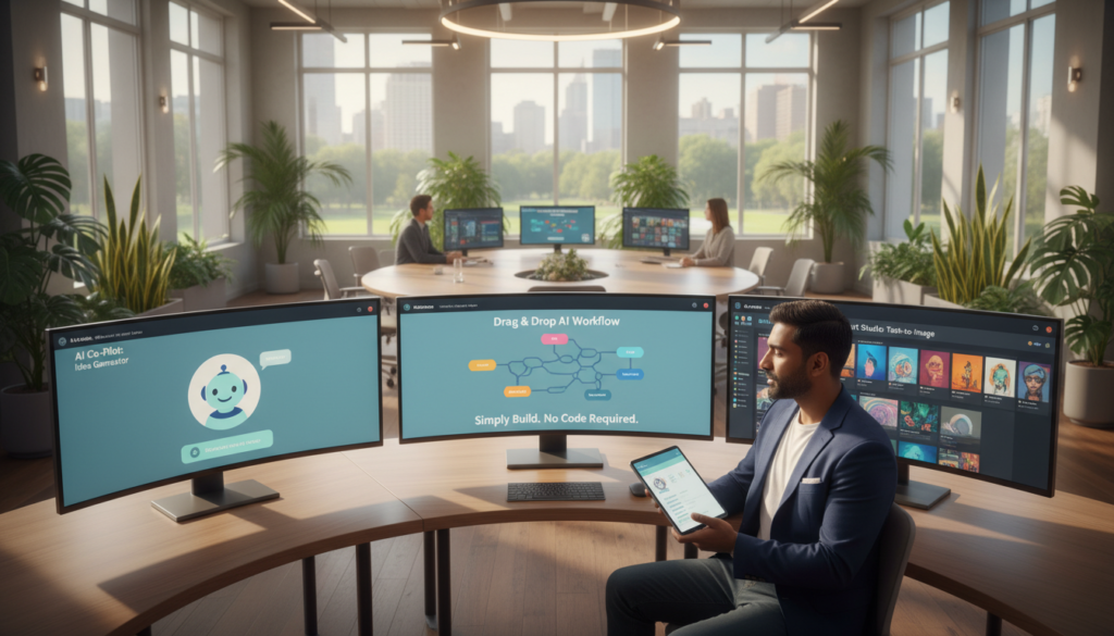 A modern workspace featuring multiple screens displaying various artificial intelligence platforms designed for users without programming skills. In the foreground, a professional in smart casual attire is engaged with a tablet, exploring AI tools with an expression of curiosity and focus. The middle ground shows sleek computer workstations with vibrant digital interfaces showcasing user-friendly dashboards, coding-free environments, and interactive elements. In the background, a bright room filled with natural light and plant decorations creates an inviting atmosphere. The overall mood is innovative and empowering, emphasizing ease of use and accessibility in technology. Use soft lighting to enhance the sense of creativity and collaboration, captured from a slightly elevated angle to provide a comprehensive view of the scene.