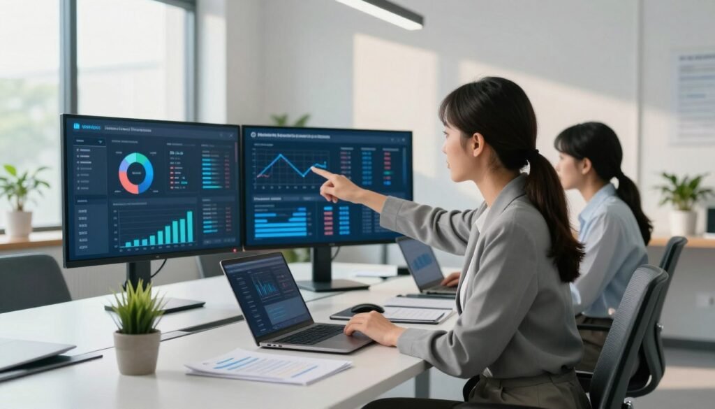 A modern workspace featuring two professionals analyzing data on screens displaying SEO metrics and content optimization. In the foreground, a woman in smart business attire points at a digital dashboard filled with graphs and charts, conveying focus and collaboration. In the middle ground, a sleek conference table is covered with laptops, notes, and a potted plant for a touch of life. The background consists of large windows allowing natural light to flood the room, casting soft shadows and adding a warm, inviting atmosphere. The color palette is clean and modern, with soft blues and whites, while the lighting is bright yet soothing, emphasizing a productive and innovative environment. A modern workspace featuring two professionals analyzing data on screens displaying SEO metrics and content optimization. In the foreground, a woman in smart business attire points at a digital dashboard filled with graphs and charts, conveying focus and collaboration. In the middle ground, a sleek conference table is covered with laptops, notes, and a potted plant for a touch of life. The background consists of large windows allowing natural light to flood the room, casting soft shadows and adding a warm, inviting atmosphere. The color palette is clean and modern, with soft blues and whites, while the lighting is bright yet soothing, emphasizing a productive and innovative environment.